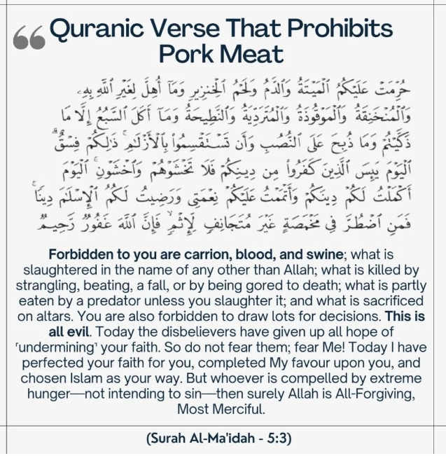 Quranic verses that prohibits eating pork